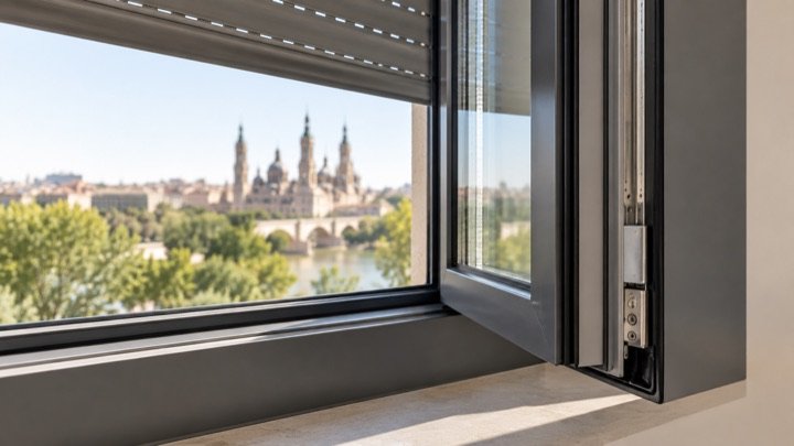 Detalle de una ventana de aluminio abierta