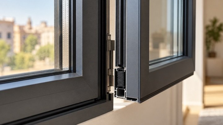 Detalle ilustrativo de un marco de ventana de aluminio oscuro