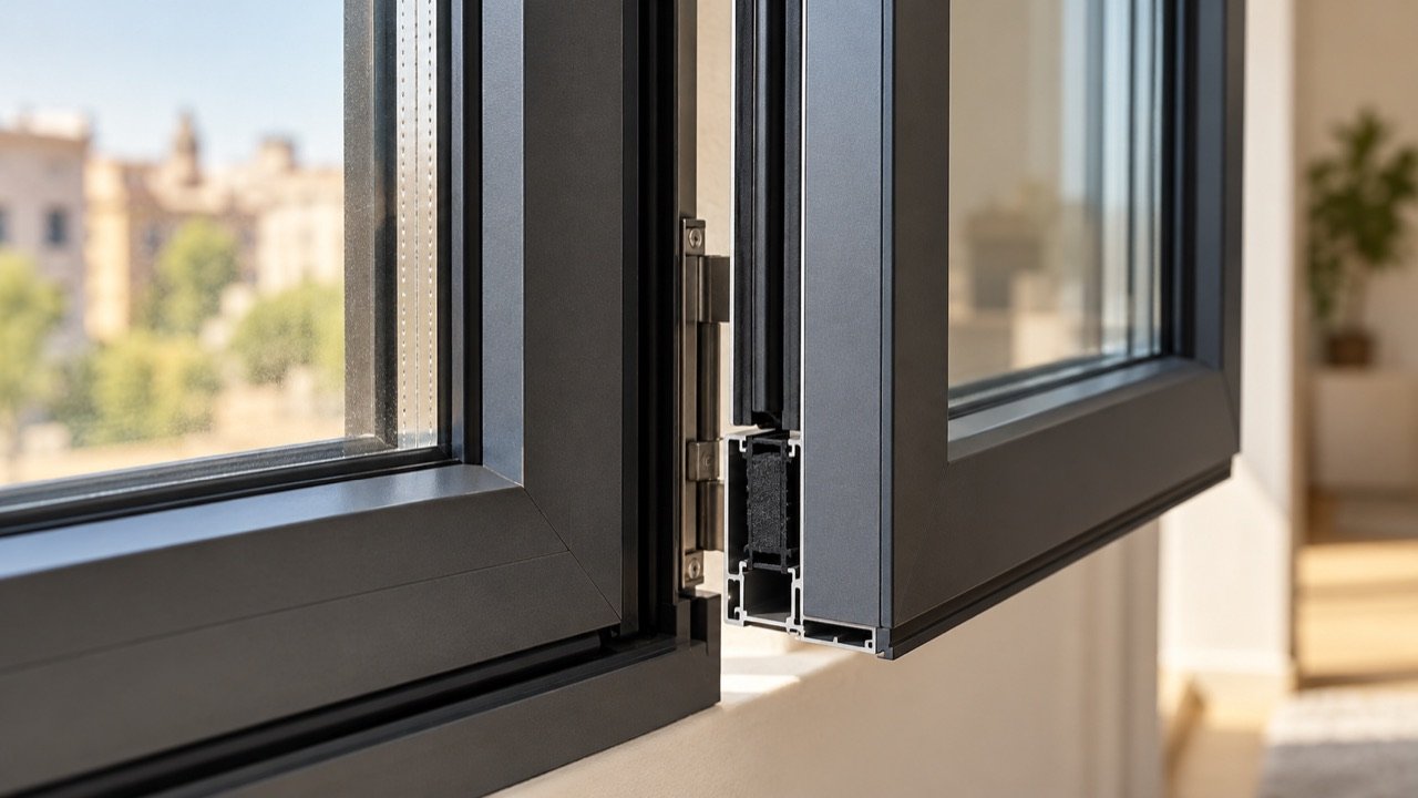 Detalle ilustrativo de una ventana de aluminio abierta y su marco