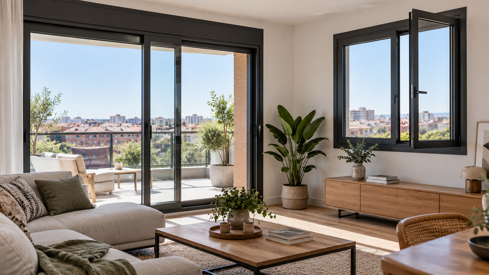 Ventanas de aluminio corredera y practicable en una vivienda